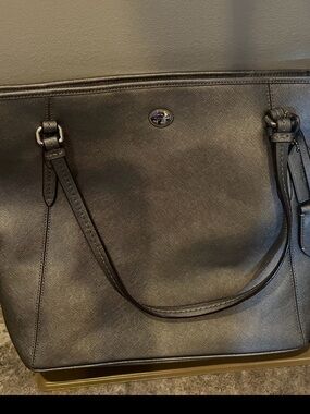 Coach Silver Leather Tote with Turn-Lock Accent